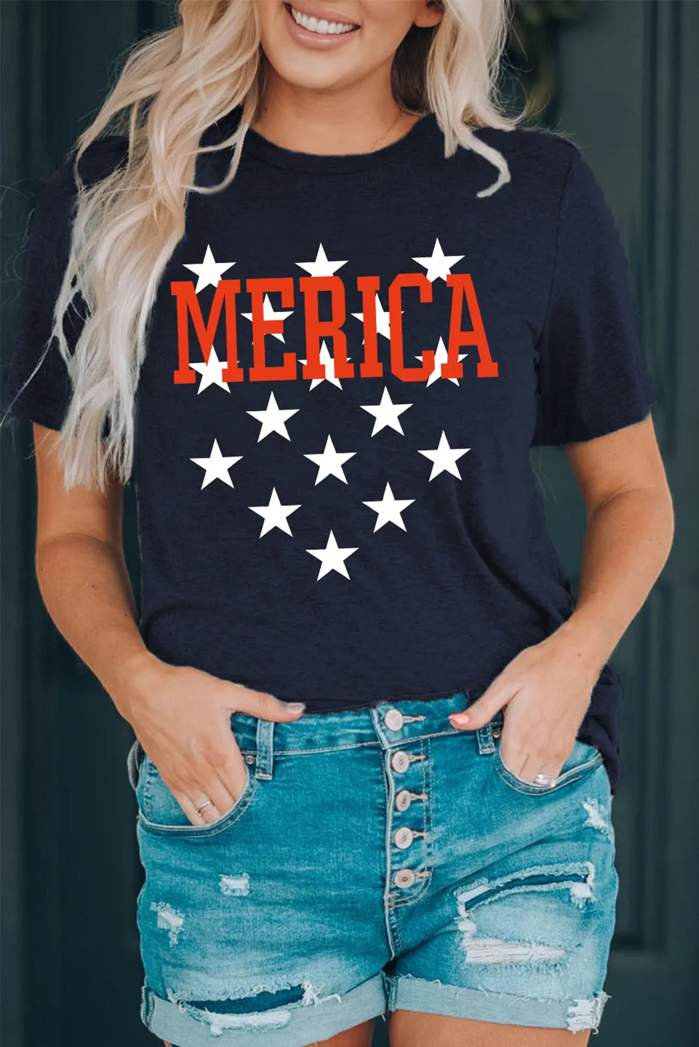 Women's MERICA Star Print Short Sleeve Tee Relaxed Fit Graphic Tee