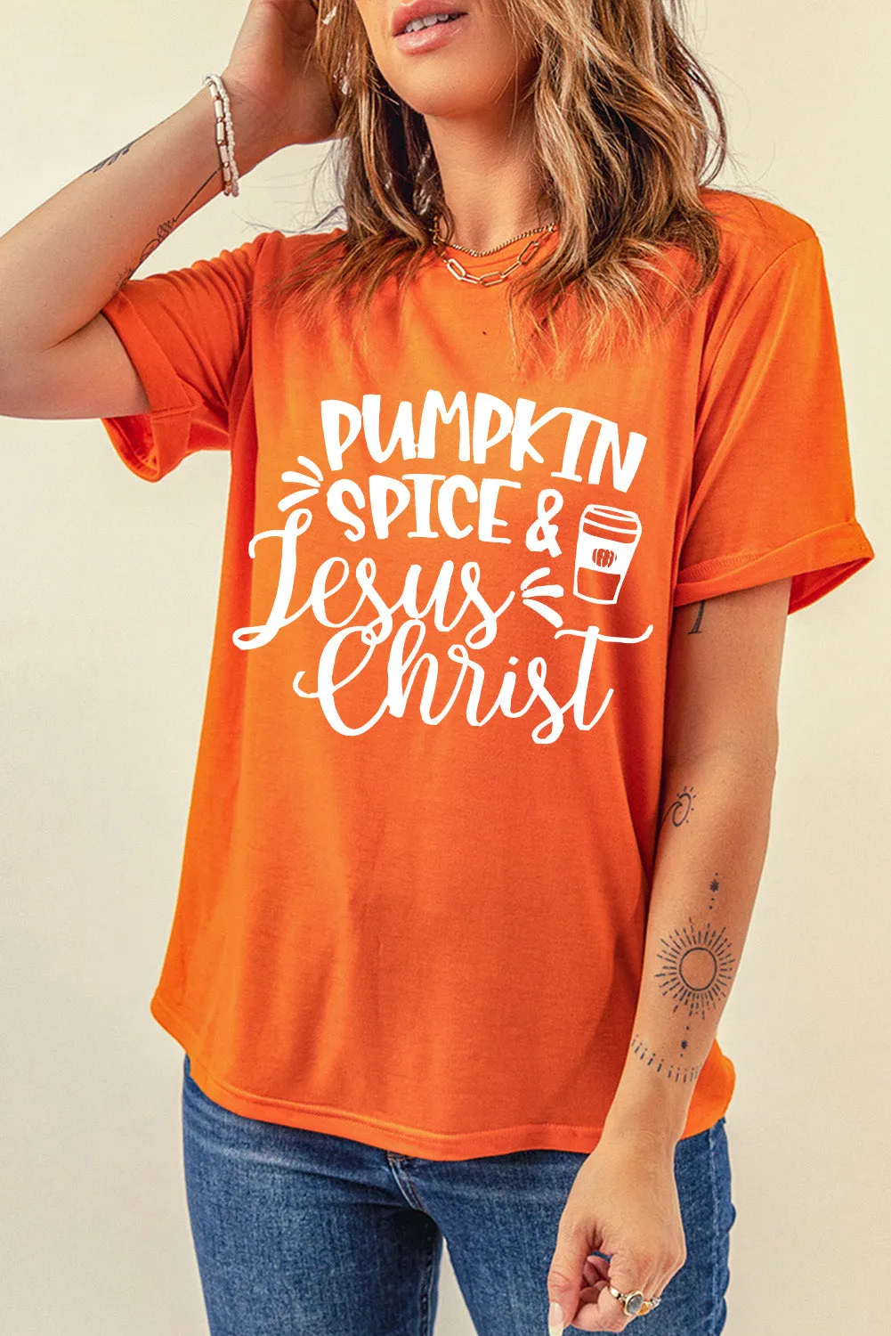 Women's Pumpkin Spice Jesus Chris Graphic Loose Fit T Shirt