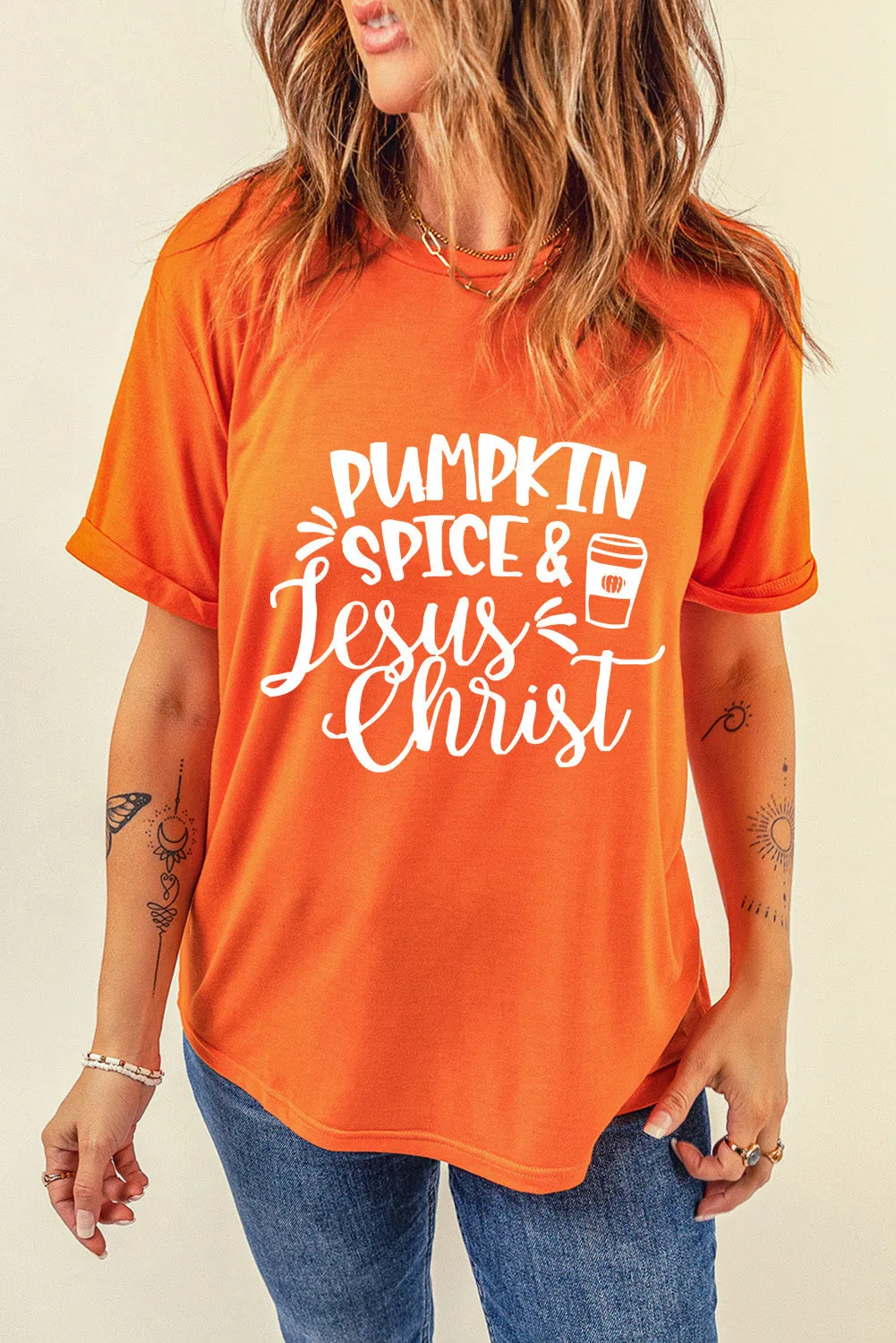 Women's Pumpkin Spice Jesus Chris Graphic Loose Fit T Shirt