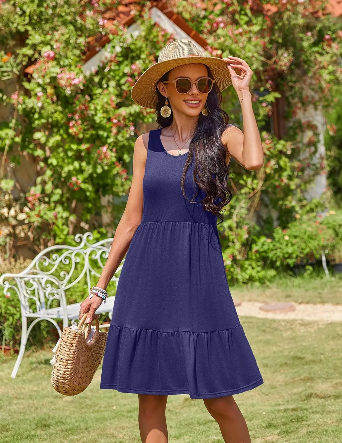 Zeagoo Summer Dress Knee-Length Round Neck Floral Dress (DE Only)